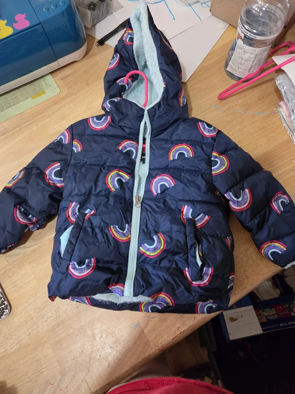 Swiss Tech Navy Hooded Puffer Jacket with Rainbow Print
